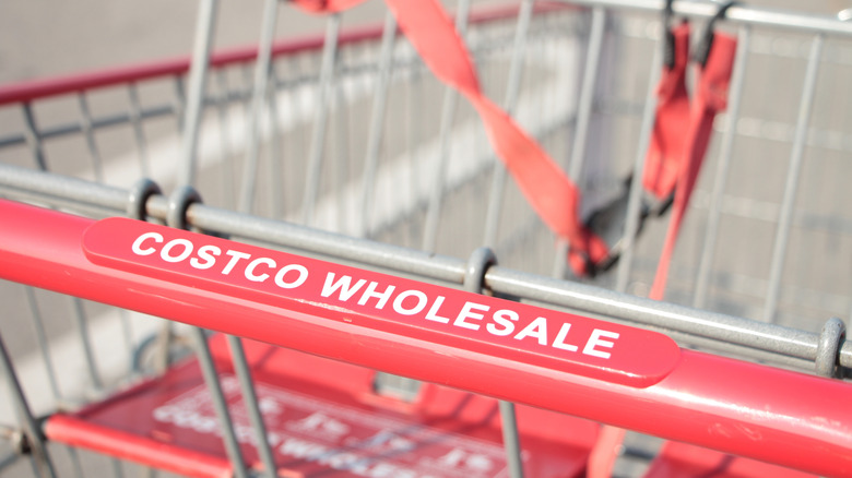 Red and gray Costco cart with "Costco Wholesale" written on the handlebar