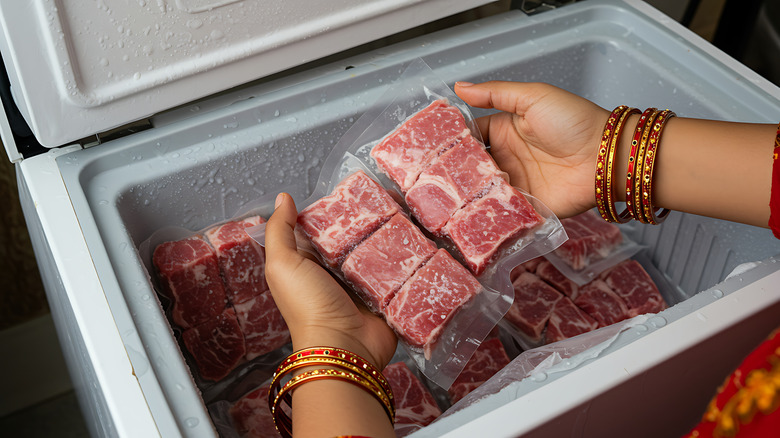 Frozen meat in freezer chest