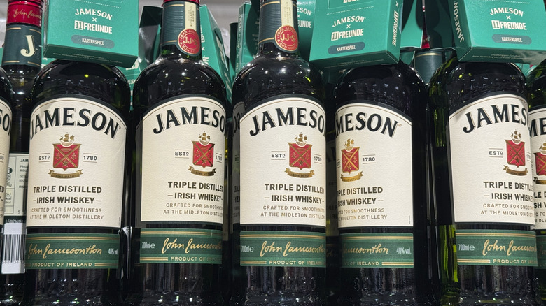 Bottles of James Irish Whiskey arranged on a store shelf
