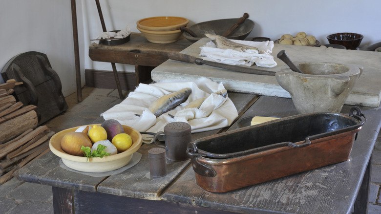 Sample foods on a wooden table in a replica of Martha Washington's kitchen at Mount Vernon estate