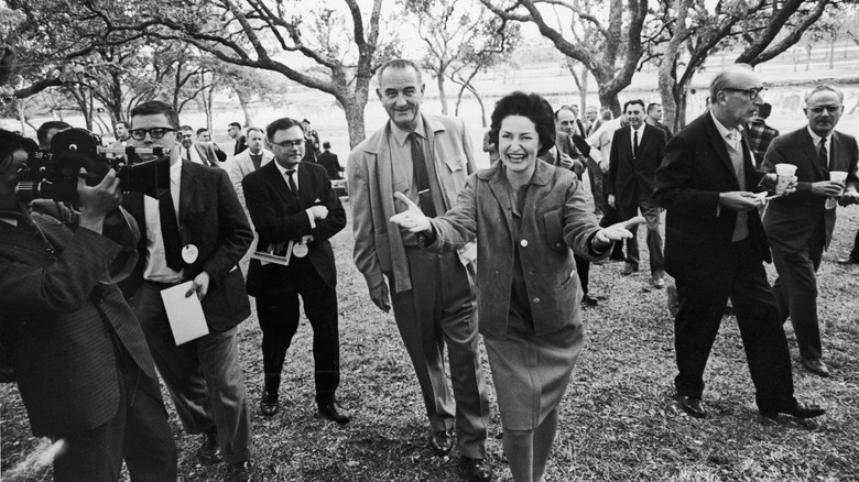 Lyndon B. Johnson and Claudia "Lady Bird" Johnson welcome the press to their ranch