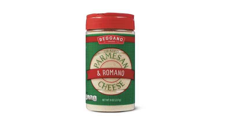 Aldi's Reggano grated Parmesan and Romano cheese on a white background