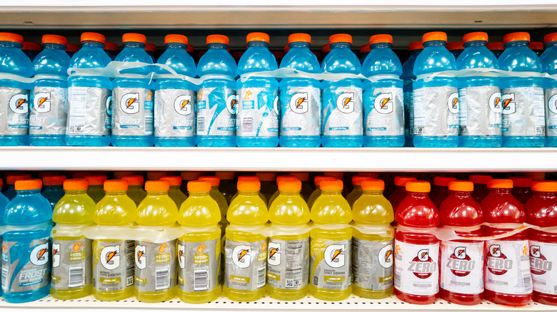 Assorted Gatorade bottles on store shelves
