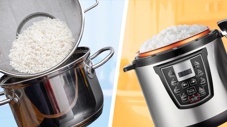 Side-by-side photos of rice pouring from a mesh colander into a pot and rice in an open rice cooker