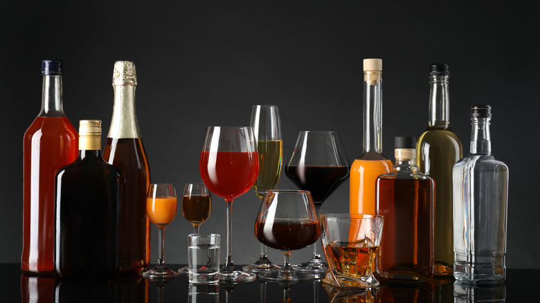 Various bottles and glasses of alcohol