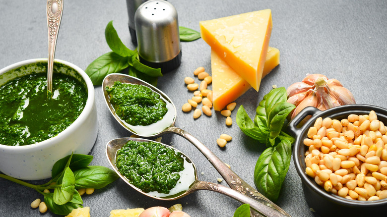 Traditional pesto sauce with parmesan, garlic, pine nuts, and basil