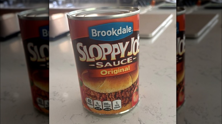 Can of Brookdale Sloppy Joe Sauce on a kitchen counter