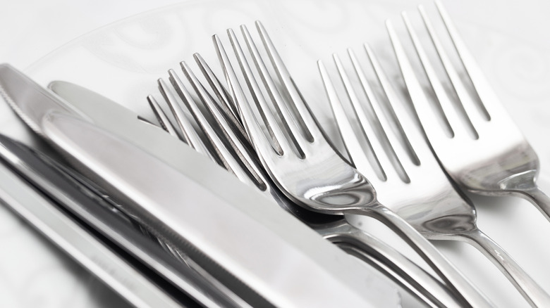 Silver cutlery on a white plate. Close-up of forks and knives set on elegant dishware.