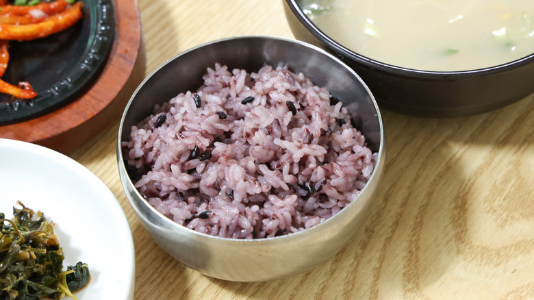 Korean purple rice served in a silver bowl
