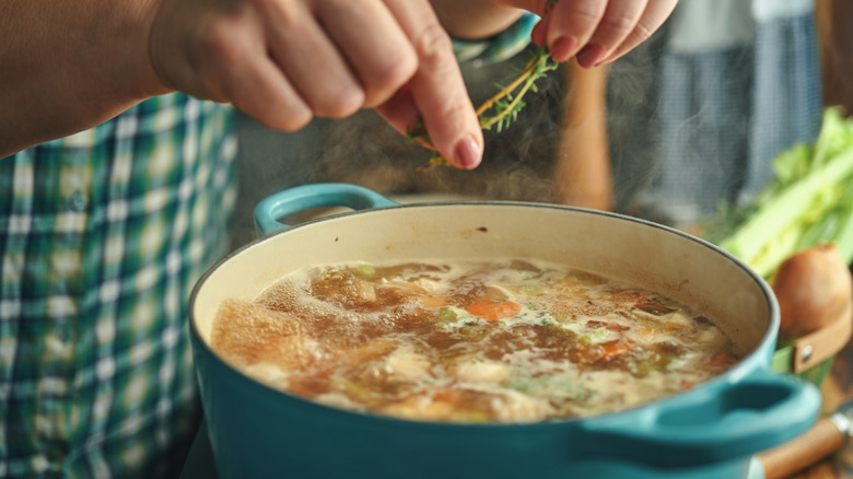 Adding fresh herbs to boiling pot of soup