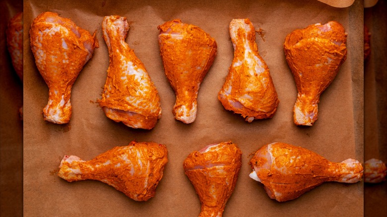 Seasoned chicken drumsticks on a sheet