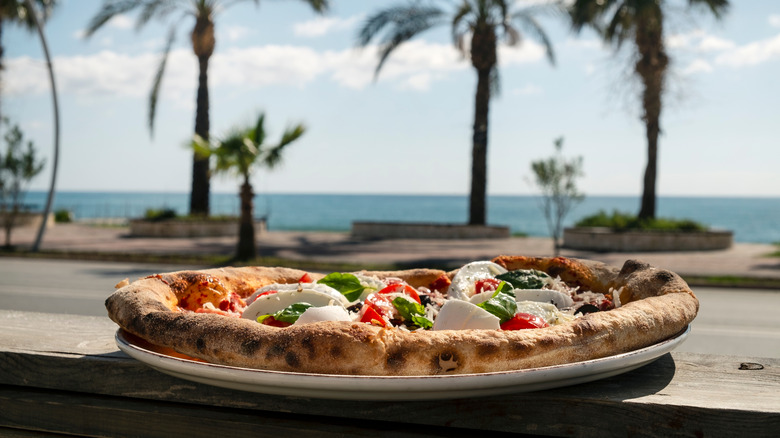 A pizza on a wooden bar with a beach and palm trees in the background.