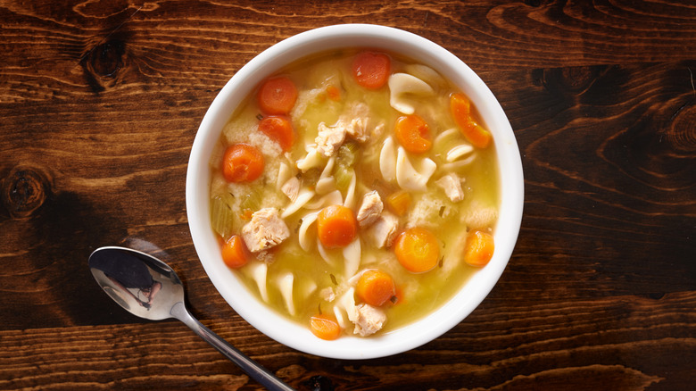 Overhead shot of chicken noodle soup