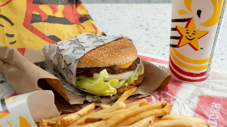 A Carl's Jr. burger, fries and drink