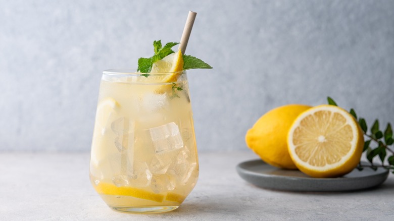 A glass of lemonade with a mint garnish