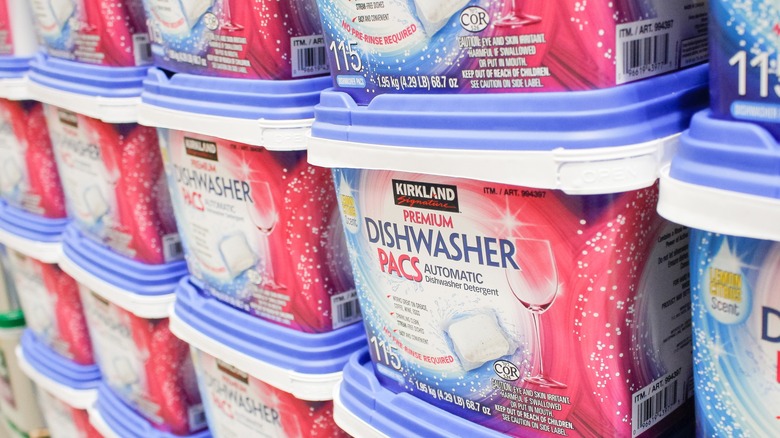 Stacks of Kirkland Dishwasher Pacs in store