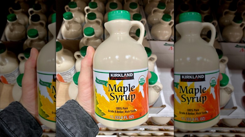 Bottles of Kirkland maple syrup
