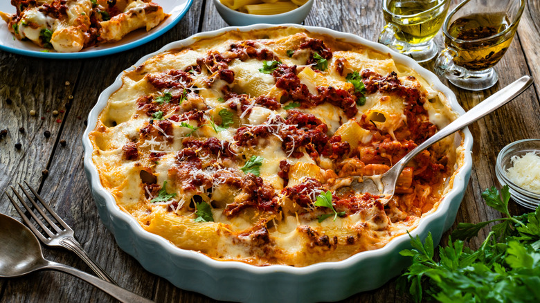 A meat and pasta casserole on a tabletop