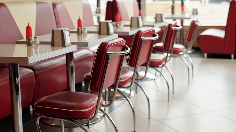 Interior of a diner with red and white furniture