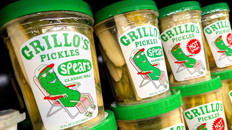 Tubs of Grillos Pickle Spears on Shelf at Whole Foods