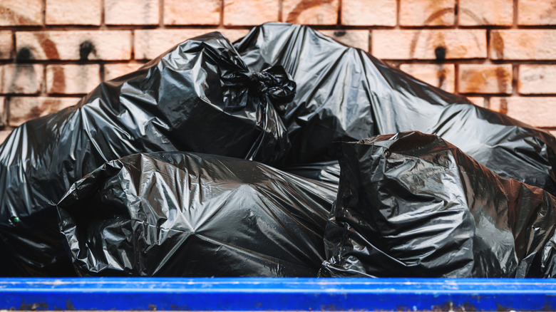 Black trash bags in a blue dumpster