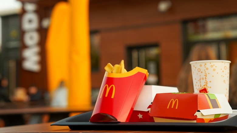 A tray of food outside a McDonald's