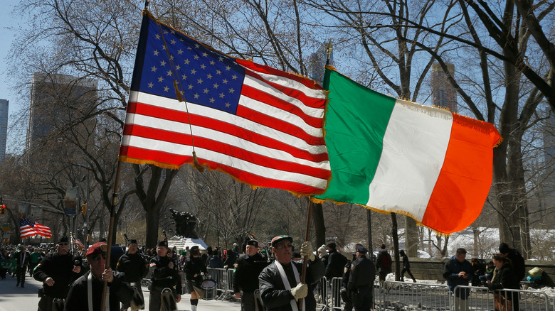 American and Irish flag flown together during New York City's St. Patrick's Day parade