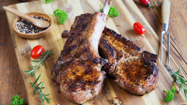 Grilled tomahawk pork chops