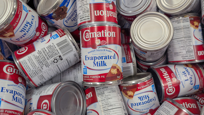 Evaporated milk cans in pile