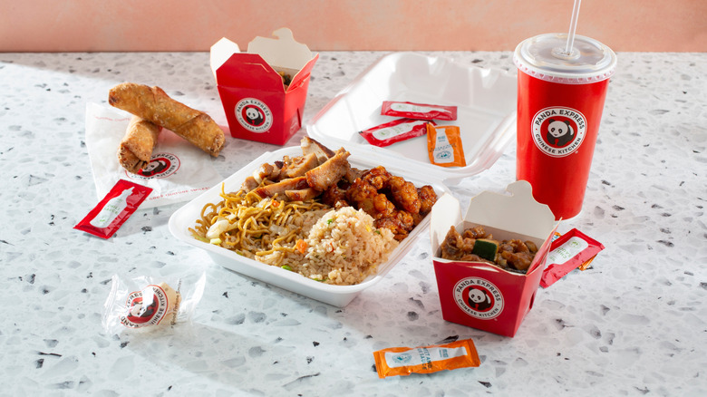 Various Panda Express manu items on a counter
