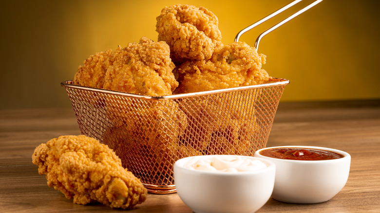 Crispy fried chicken in a basket.