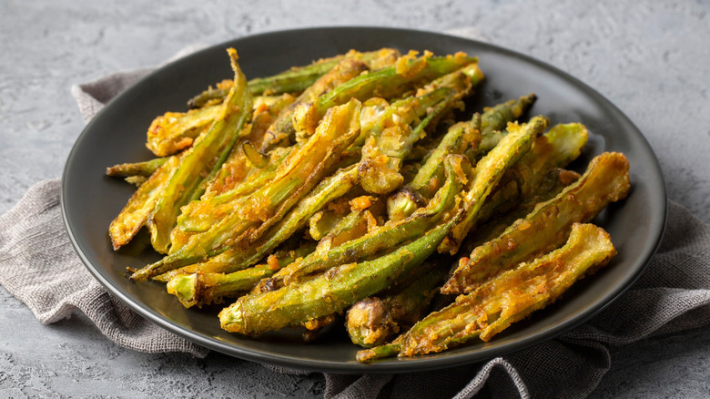 Fried okra cut into strips like fries