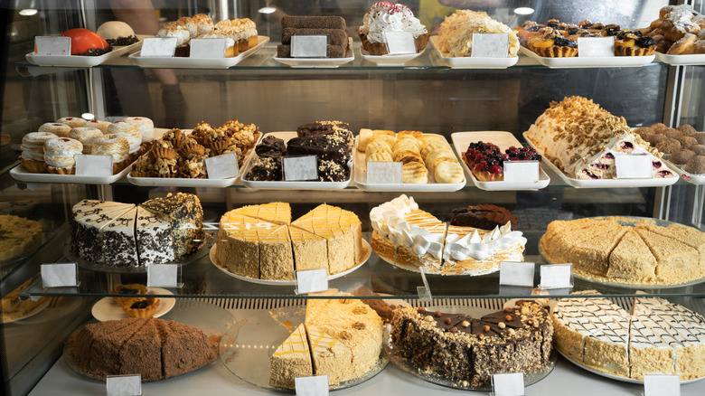 Bakery display case with pastries