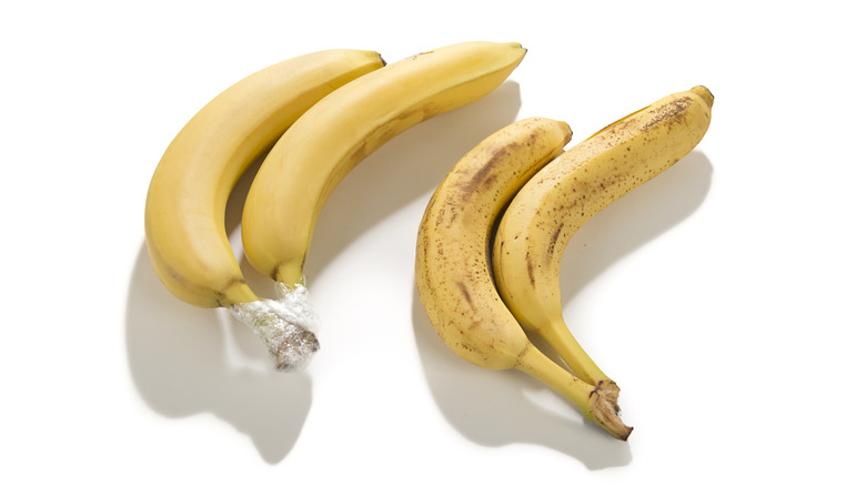 two sets of bananas with stems in plastic wrap