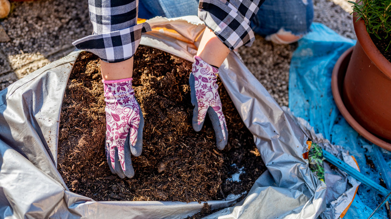 A person working with a bag of potting soil