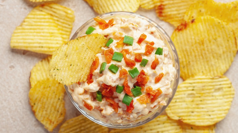 Homemade French Onion Dip with Chips. Top view