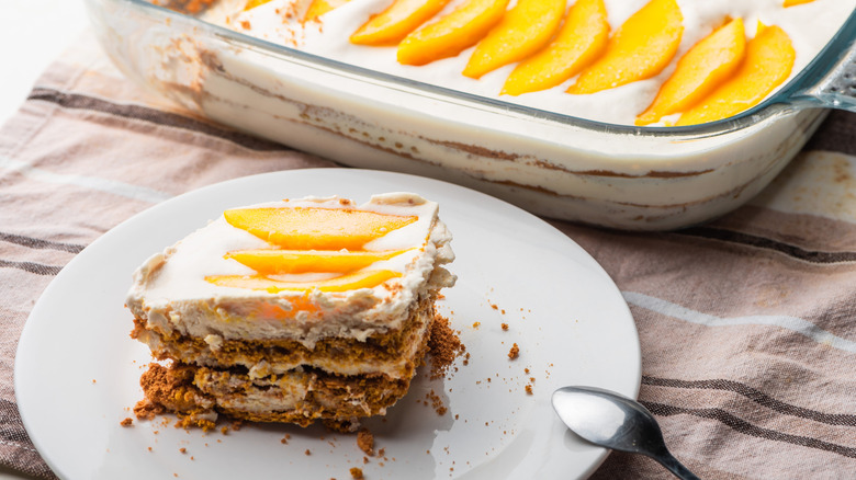 Filipino frozen mango float cake slice on a plate