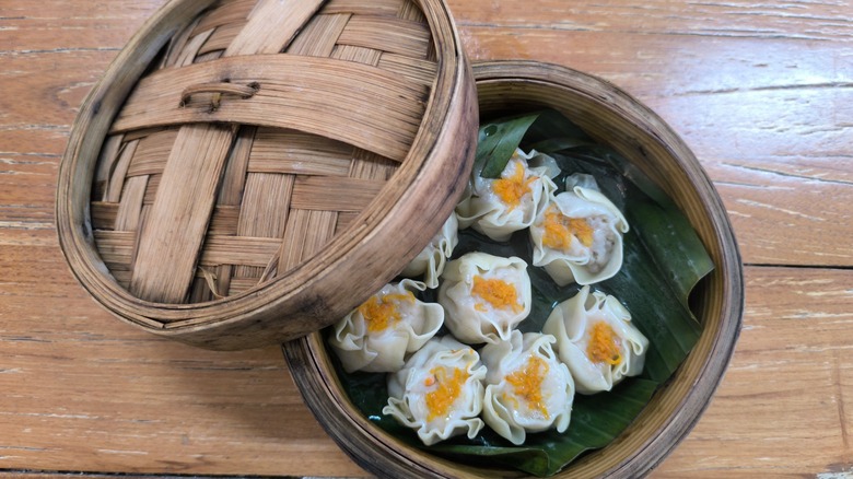 Vegan shumai in steamer basket