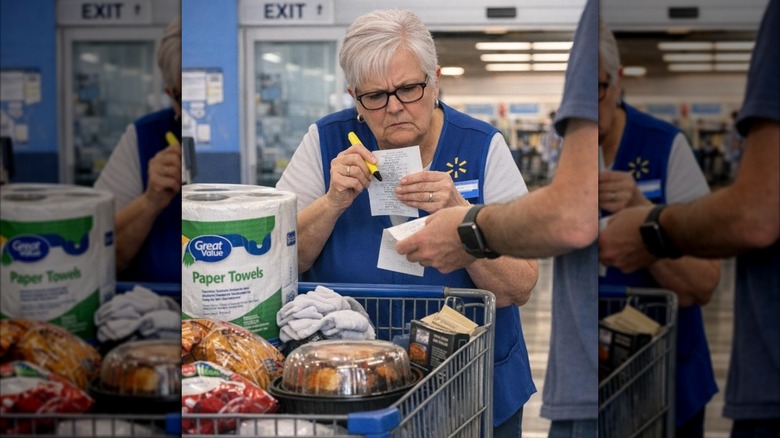 Walmart employee checking a customer's receipt at the exit of the store