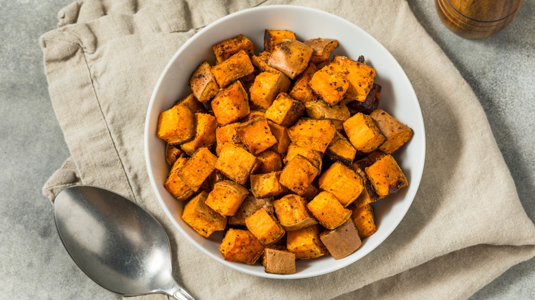 roasted sweet potato cubes seasoned with salt and pepper