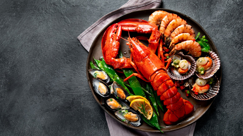 A boiled lobster on a plate with clams and shrimp