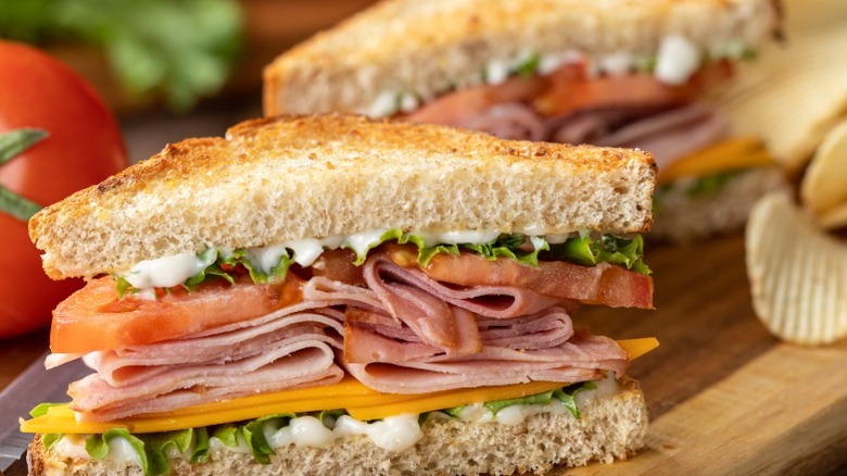 A sandwich with folded lunch meat, tomato and other ingredients.