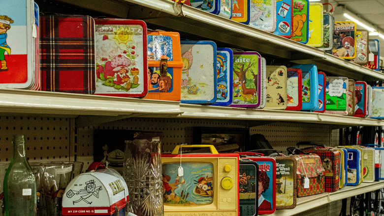 rows of vintage metal lunch boxes