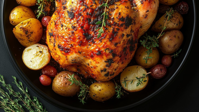 Roasted whole chicken with potatoes and rosemany.