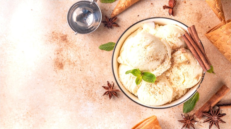 Bowl of vanilla ice cream with fresh mint leaves, warming spices, and star anise seeds