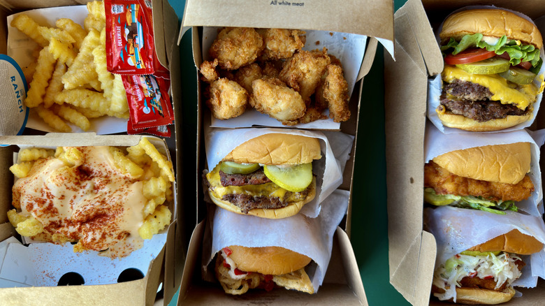 birds eye view of several shake shack menu items