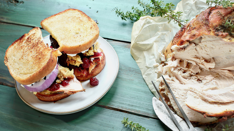 A homemade leftover Thanksgiving sandwich.