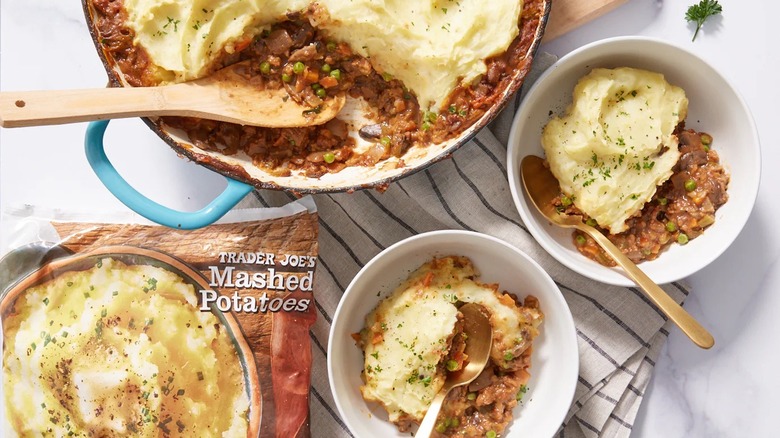 Trader Joe's frozen mashed potatoes prepared as a shepherd's pie