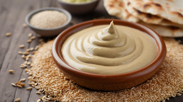 smooth tahini in a clay bowl over a pile of sesame seeds