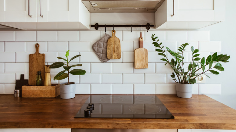 Wooden kitchen counter featuring clean stovetop with white backsplash, kitchen tools, and plants